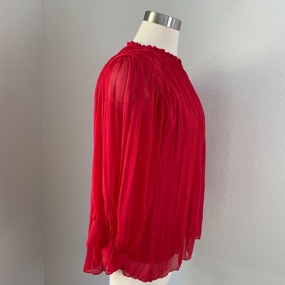 Zara‎ Womens XS Red Chiffon Pleated Blouse 3/4 Sleeve Shirt Top - Picture 3 of 14